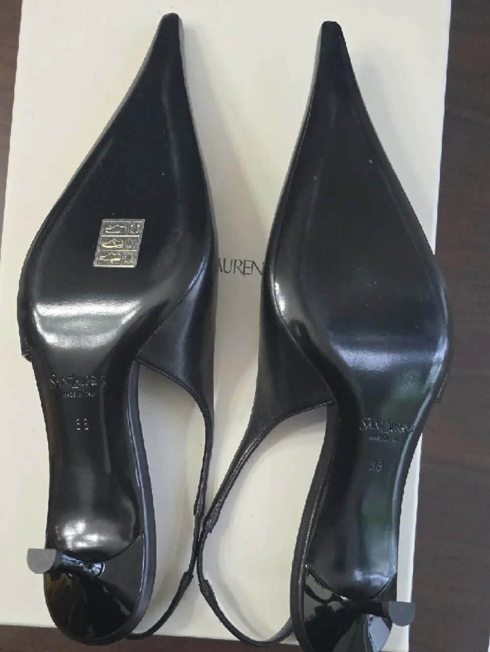 Saint Laurent Black Leather Pointed Slingback Pumps with Gold Accents - Picture 12 of 16